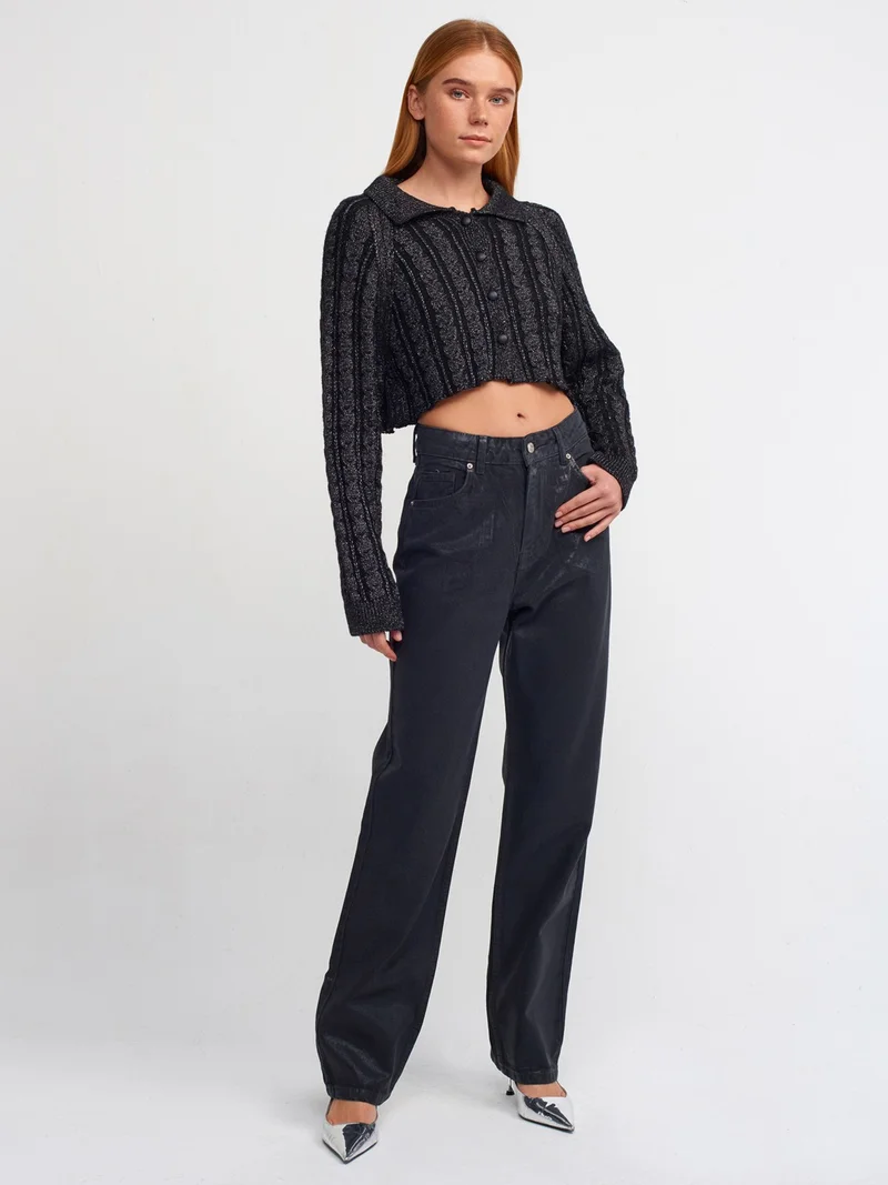 ديلفين 60203 Polo Collar Buttoned Glittery Crop Knitwear Cardigan-Black-G.
