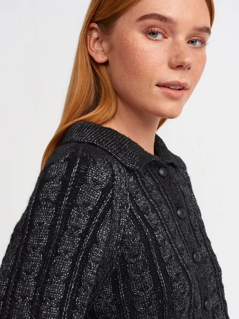ديلفين 60203 Polo Collar Buttoned Glittery Crop Knitwear Cardigan-Black-G.