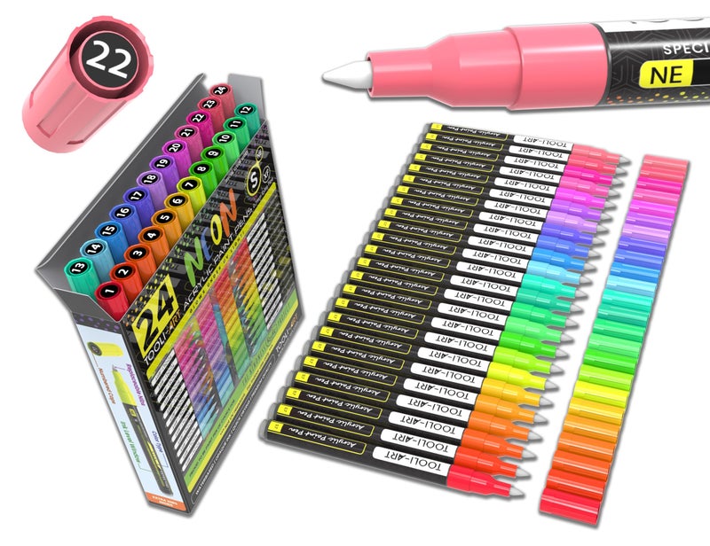 TOOLI-ART 24 Neon Fluorescent Acrylic Paint Pens Special Color Series Markers Set 07mm Extra Fine Tip Rock Painting Glass Mugs Wood Metal Canvas DIY Projects Detailing Non Toxic Waterbased Quick Drying - Image 2