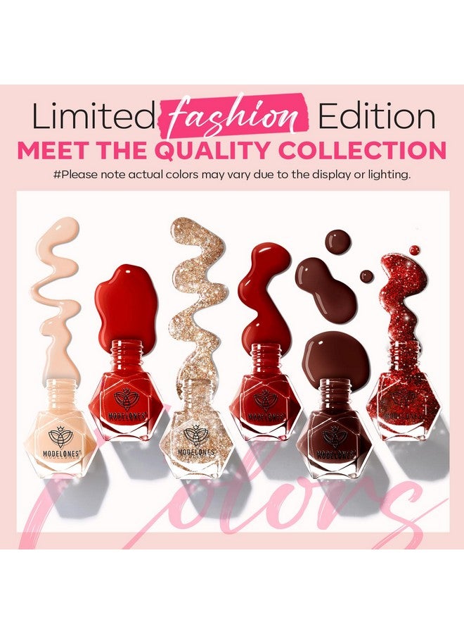 موديل ونز طلاء أظافر موديلونز، 6 ألوان، أحمر، عاري، ذهبي، لامع، سريع الجفاف، عنابي، لامع، مجموعة طلاء أظافر صغيرة، مانيكير ربيعي، عيد الحب، فن أظافر منزلي، هدية للنساء والفتيات - Image 3
