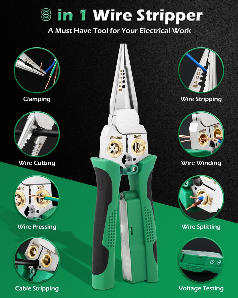 FAITIO 8 In 1 Wire Stripper with Voltage Tester, Wire Strippers/Crimper with Plier, Cutters, Splitting(12V-250V), Wire Stripping Tools for 10-18 AWG for Professional Electrician & DIY Tool - Image 3