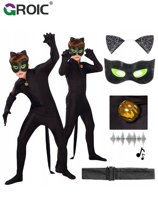 GROIC 5PCS Miraculous Black Cat Costume Black Cat Cosplay Costume Kids Costume with Eye Mask, Ears, Bell, Tail - Image 1