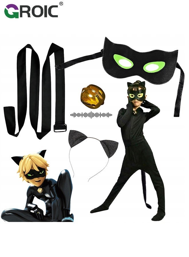 GROIC 5PCS Miraculous Black Cat Costume Black Cat Cosplay Costume Kids Costume with Eye Mask, Ears, Bell, Tail - Image 4