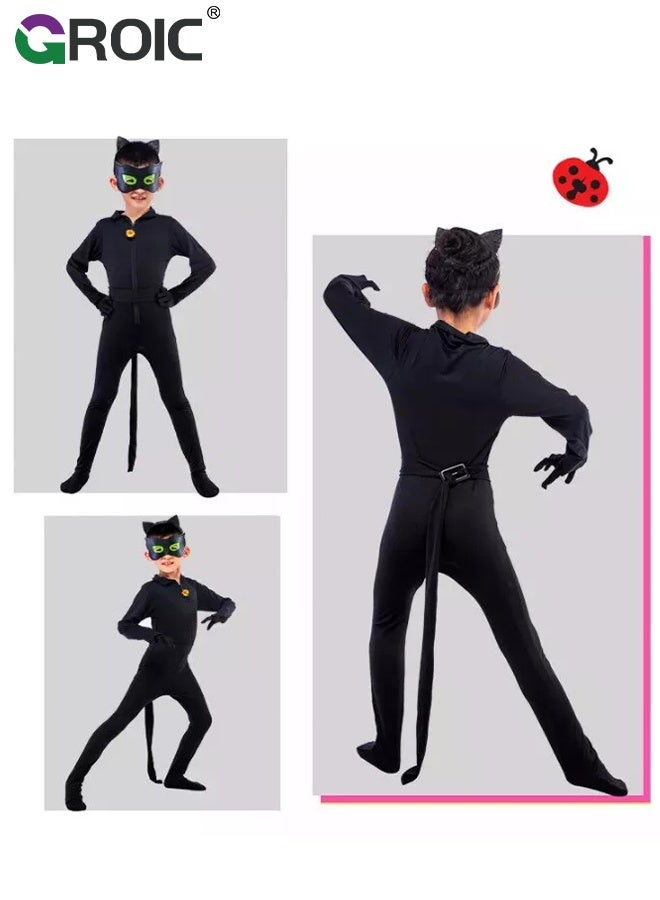 GROIC 5PCS Miraculous Black Cat Costume Black Cat Cosplay Costume Kids Costume with Eye Mask, Ears, Bell, Tail - Image 2