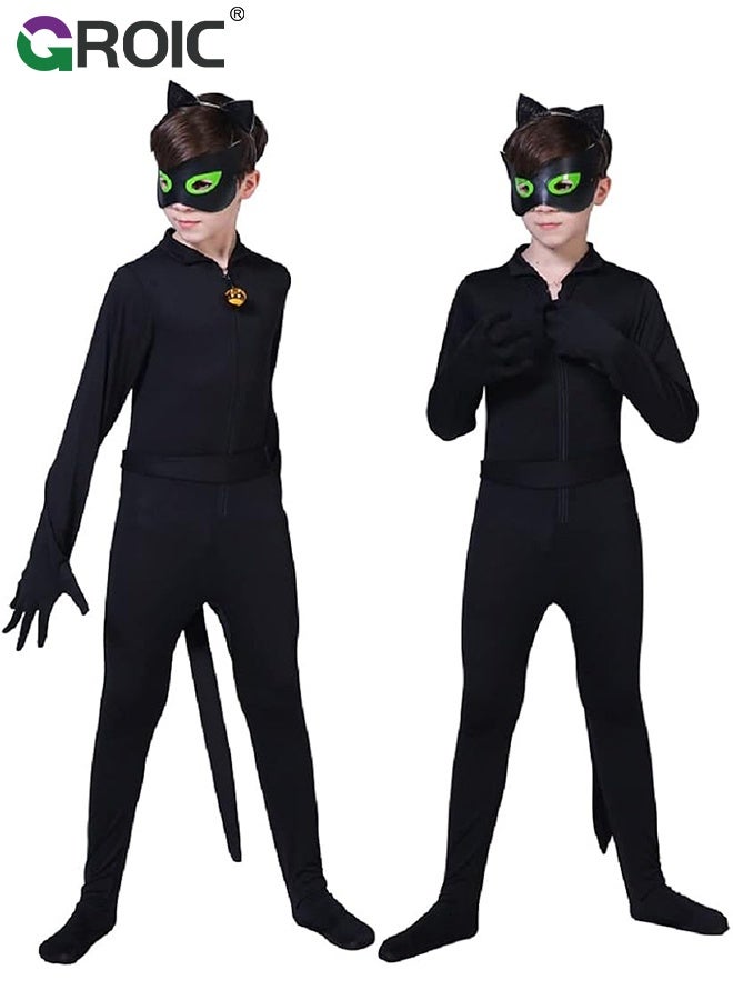 GROIC 5PCS Miraculous Black Cat Costume Black Cat Cosplay Costume Kids Costume with Eye Mask, Ears, Bell, Tail - Image 3