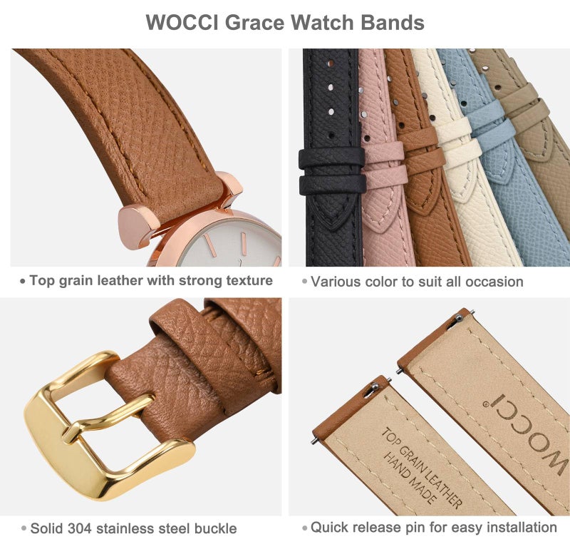 WOCCI 16mm Grace Watch Band for Ladies, Top Grain Leather, Quick Release Replacement Strap with Gold Buckle (Brown) - Image 4