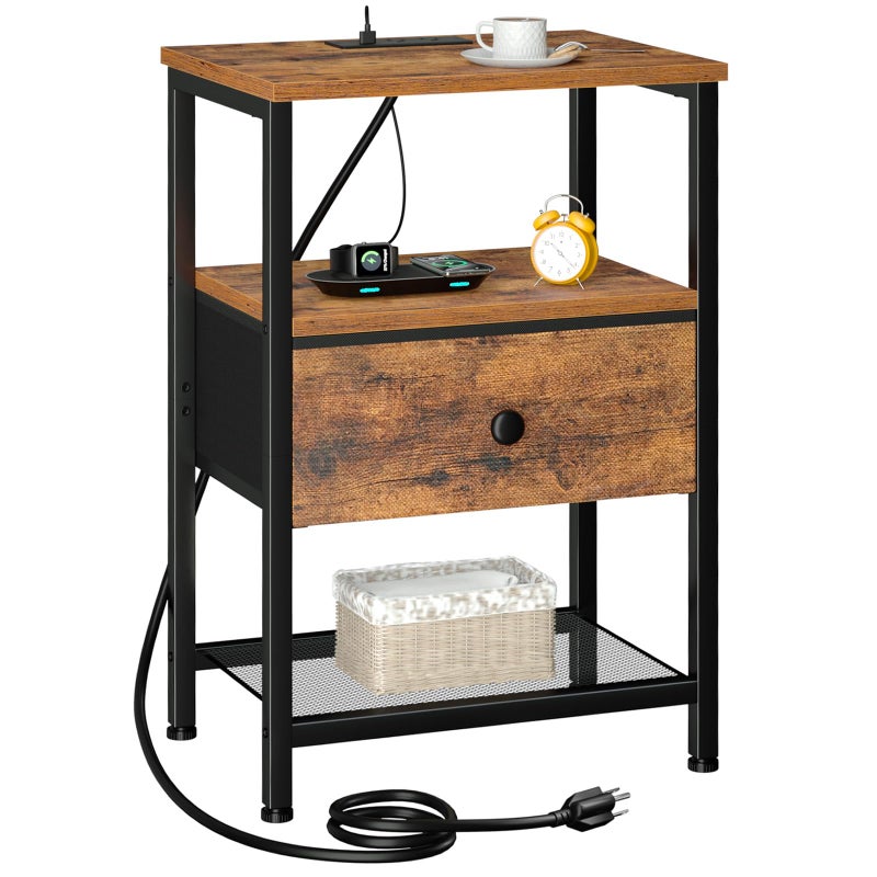 LOAKEKEL Nightstand with Charging Station, End Table with Fabric Drawer, Night Stand for Bedroom, Small Bed Side Table with USB Ports and Outlets for Living Room, Brown, HETS010BR-1 - Image 1