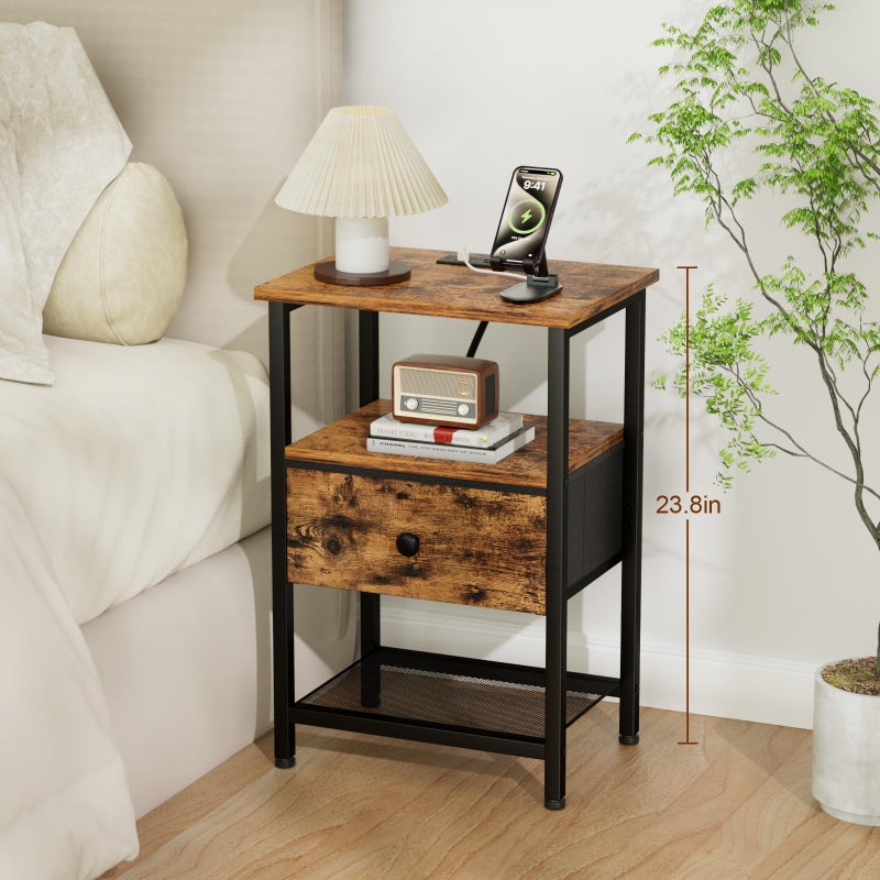 LOAKEKEL Nightstand with Charging Station, End Table with Fabric Drawer, Night Stand for Bedroom, Small Bed Side Table with USB Ports and Outlets for Living Room, Brown, HETS010BR-1 - Image 2