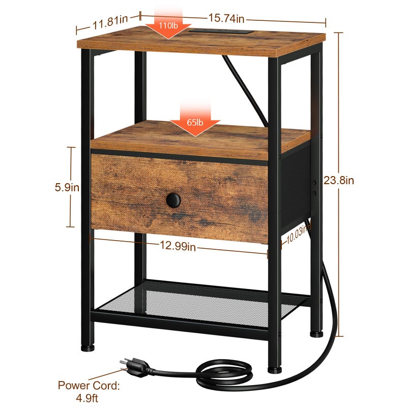 LOAKEKEL Nightstand with Charging Station, End Table with Fabric Drawer, Night Stand for Bedroom, Small Bed Side Table with USB Ports and Outlets for Living Room, Brown, HETS010BR-1 - Image 5