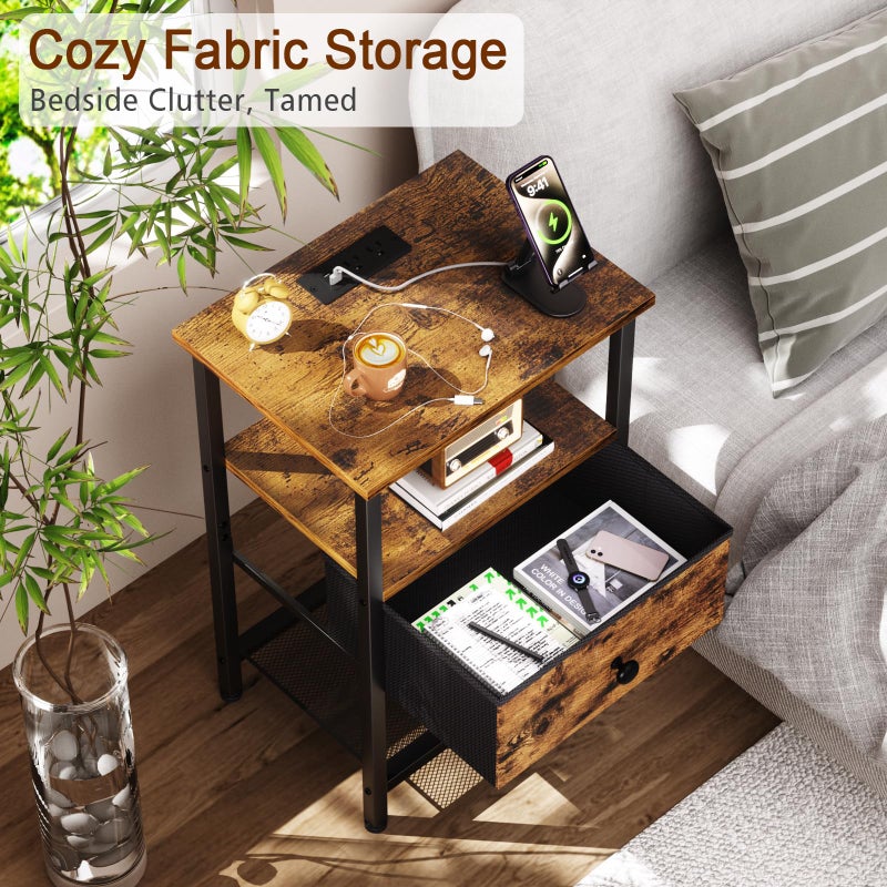 LOAKEKEL Nightstand with Charging Station, End Table with Fabric Drawer, Night Stand for Bedroom, Small Bed Side Table with USB Ports and Outlets for Living Room, Brown, HETS010BR-1 - Image 4