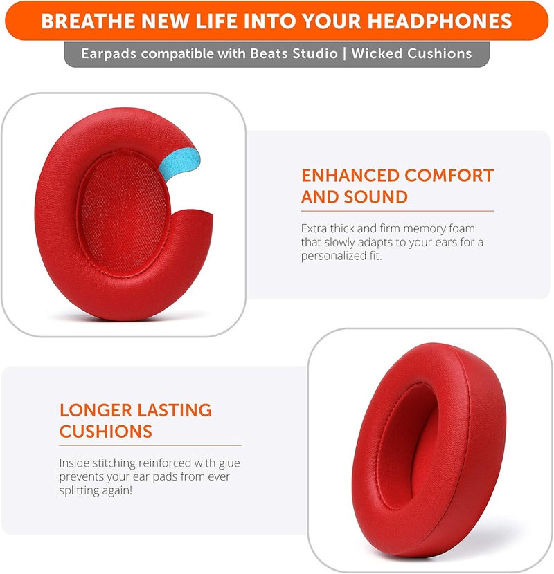 WC وسائد أذن بديلة Wicked Cushions لبياتس ستوديو 2 و 3 (B0501، B0500) سلكية ولاسلكية | لا تناسب بياتس سولو | جلد PU أنعم، رغوة معززة ولاصق أقوى | أحمر - Image 4