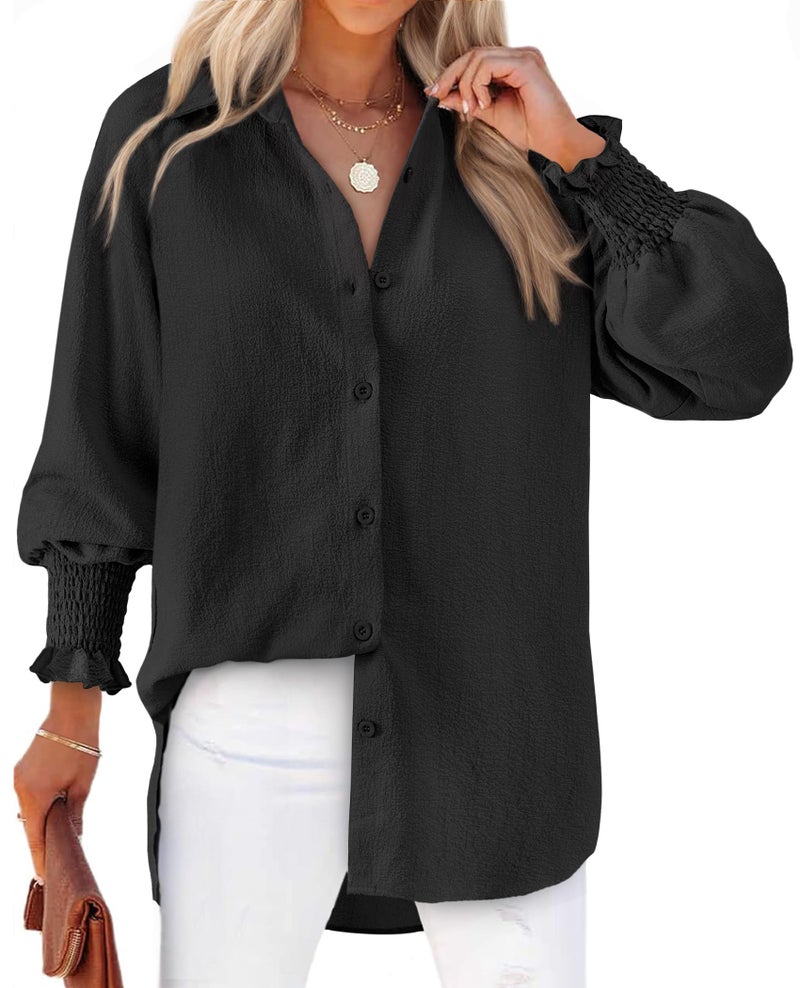 Gleeivy Black Button Up Shirt Women 2026 Fall Trendy Boyfriend French Collar Blouse Wrinkle Free V-Neck Flowy Office Dress Shirt Work Business Chiffon Tunic Tops Lightweight Plus Size Tops Cute Beach - Image 1