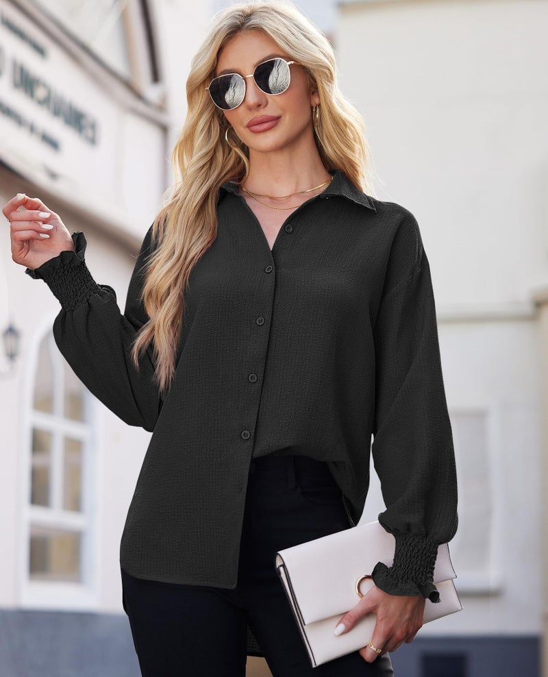 Gleeivy Black Button Up Shirt Women 2026 Fall Trendy Boyfriend French Collar Blouse Wrinkle Free V-Neck Flowy Office Dress Shirt Work Business Chiffon Tunic Tops Lightweight Plus Size Tops Cute Beach - Image 2