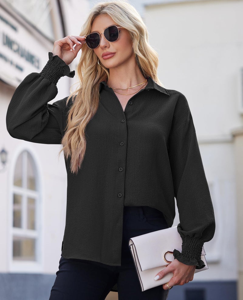 Gleeivy Black Button Up Shirt Women 2026 Fall Trendy Boyfriend French Collar Blouse Wrinkle Free V-Neck Flowy Office Dress Shirt Work Business Chiffon Tunic Tops Lightweight Plus Size Tops Cute Beach - Image 3