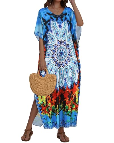 JILUVIN Kaftan Dresses for Women Plus Size V Neck Caftan Long Batwing Sleeve Swimsuit Cover Up Beach Swimwear 2026 (Blue Boho Print, One Size) - Image 3