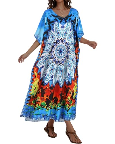 JILUVIN Kaftan Dresses for Women Plus Size V Neck Caftan Long Batwing Sleeve Swimsuit Cover Up Beach Swimwear 2026 (Blue Boho Print, One Size) - Image 4