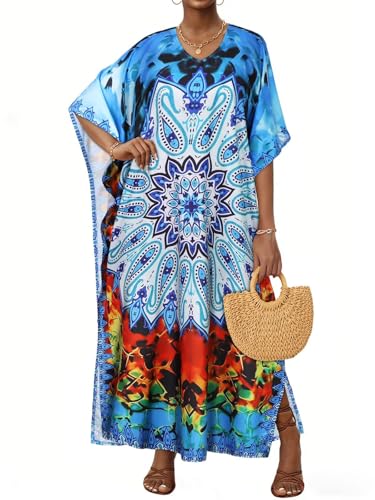 JILUVIN Kaftan Dresses for Women Plus Size V Neck Caftan Long Batwing Sleeve Swimsuit Cover Up Beach Swimwear 2026 (Blue Boho Print, One Size) - Image 1