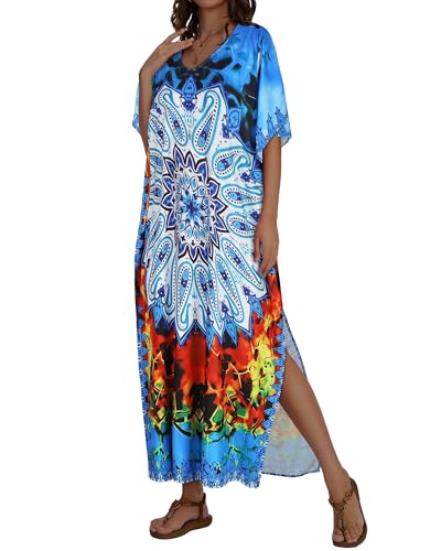 JILUVIN Kaftan Dresses for Women Plus Size V Neck Caftan Long Batwing Sleeve Swimsuit Cover Up Beach Swimwear 2026 (Blue Boho Print, One Size) - Image 5