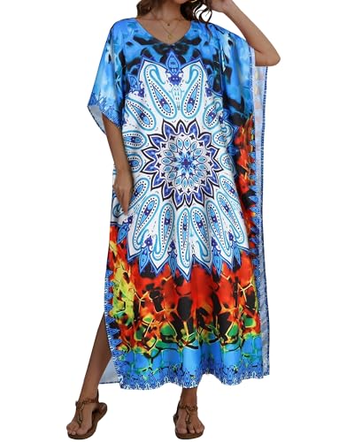 JILUVIN Kaftan Dresses for Women Plus Size V Neck Caftan Long Batwing Sleeve Swimsuit Cover Up Beach Swimwear 2026 (Blue Boho Print, One Size) - Image 2