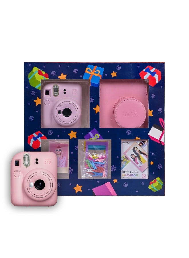 Instax Mini 12 Christmas Gift Box – Blossom Pink Instant Mini 12 Camera with Pink Case, Macron Mini Film, Photo Frame, Pegs and Batteries – Perfect Christmas Gift for Kids, Teens, and Adults - Image 1