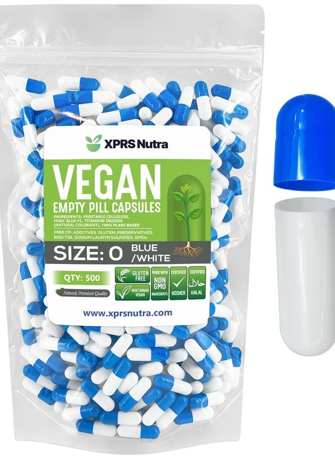 XPRS Nutra - Size 0 Empty Capsules - 500 Count Empty Vegan Capsules - Vegetarian Empty Pill Capsules - DIY Vegetable Capsule Filling - Veggie Pill Capsules Empty Caps (Blue/White) - Image 1
