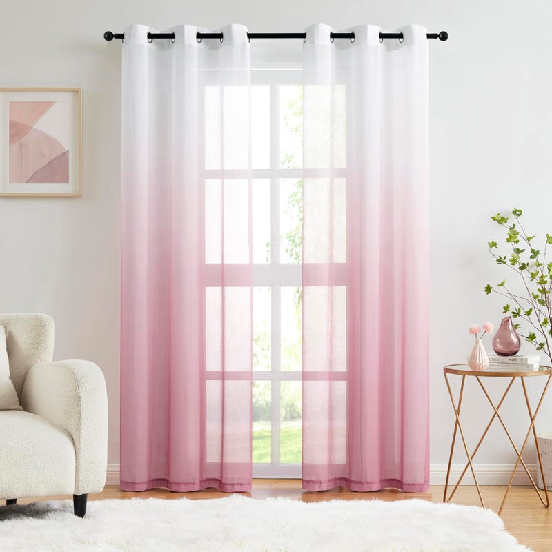 Purainbow Ombre Chiffon Sheer Curtains Pink for Living Room Decor, Gradient Light Filtering Window Curtain Panels for Girls Bedroom, Crinkle Semi Sheer Drapes for Garden, Yard Decor, Grommet Top, 42"Wx63"L - Image 1
