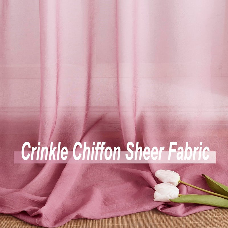 Purainbow Ombre Chiffon Sheer Curtains Pink for Living Room Decor, Gradient Light Filtering Window Curtain Panels for Girls Bedroom, Crinkle Semi Sheer Drapes for Garden, Yard Decor, Grommet Top, 42"Wx63"L - Image 3