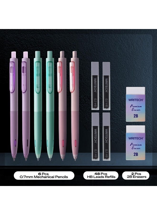 WRITECH Up Mechanical Pencil Set: 6Ct Pastel Mechanical Pencils 0.7Mm With 4 Tubes Of Hb Lead Refills And 2 Extra Erasers For Writing Drawing Sketching Drafting  - Image 2