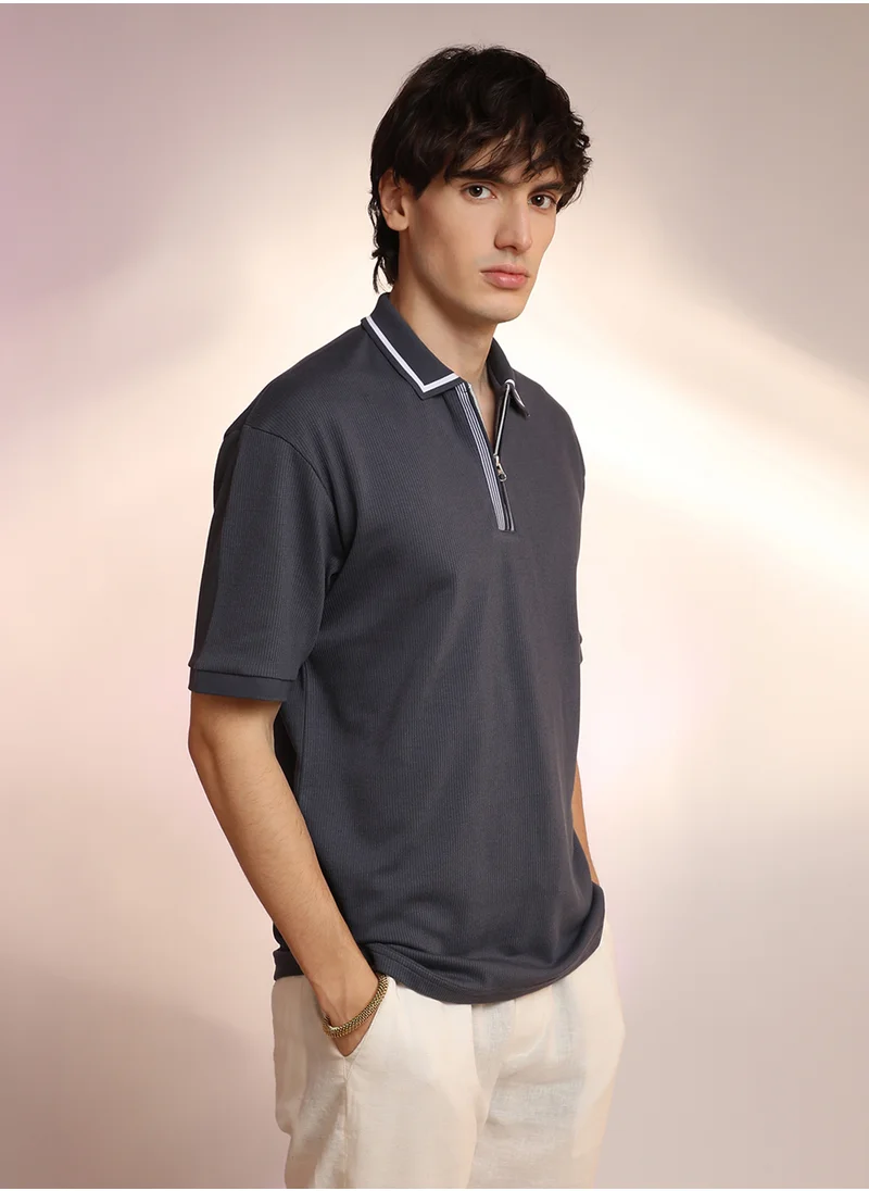 كامبوس سوترا Men's Charcoal Grey Micro-Waffle Polo T-Shirt