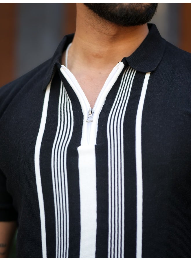Maniac Maniac Mens OldMoney Strip Texture Polo Neck Half Sleeve Black Cotton Tshirt  - Image 5