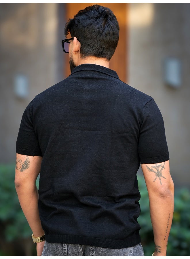 Maniac Maniac Mens OldMoney Strip Texture Polo Neck Half Sleeve Black Cotton Tshirt  - Image 4