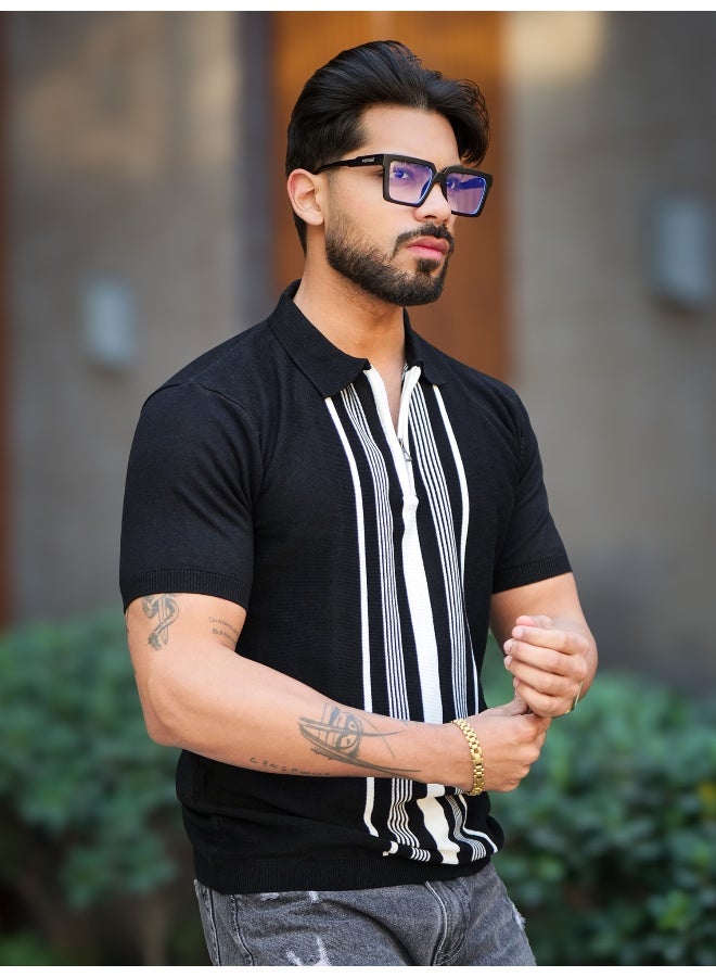 Maniac Maniac Mens OldMoney Strip Texture Polo Neck Half Sleeve Black Cotton Tshirt  - Image 3