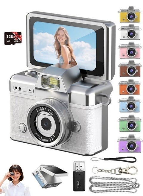 كاميرا ميني على شكل ميدالية مفاتيح، كاميرا رقمية محمولة بدقة 1080P مع شاشة LCD قابلة للطي مقاس 1.47 بوصة وفلاش، كاميرا جيب ريترو قابلة للاقتناء مناسبة للسفر والحفلات وأعياد الميلاد (أبيض 128 جيجابايت)