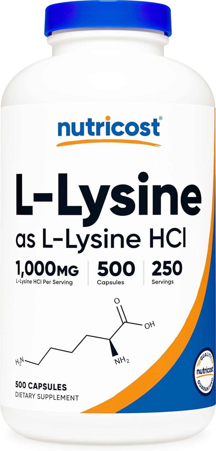 Nutricost LLysine 1000mg Per Serving 250 Servings 500 Capsules  Gluten Free NonGMO 500mg Per Capsule - Image 1