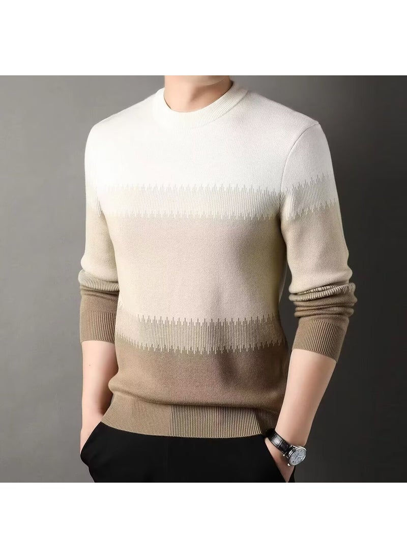 Generic Mens Spring Autumn Warm Knitted Top Loose-Fit Winter Pullover Round Neck Long Sleeve Sweater Color Blocking Base Layer Top Brown  - Image 1
