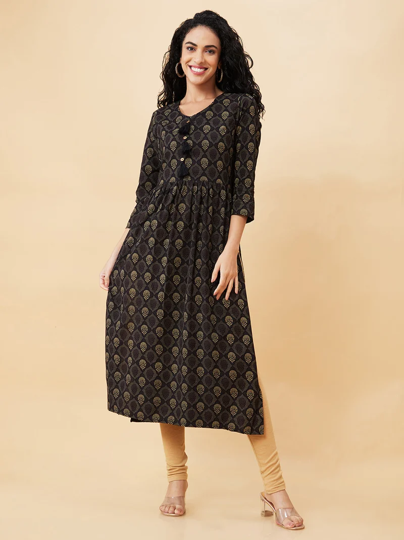 globus Women Black Ethnic Motifs Printed V-Neck A-Line Kurta