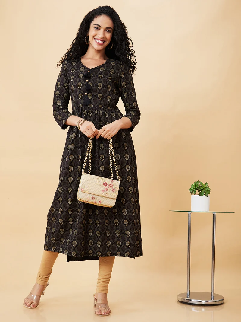 globus Women Black Ethnic Motifs Printed V-Neck A-Line Kurta