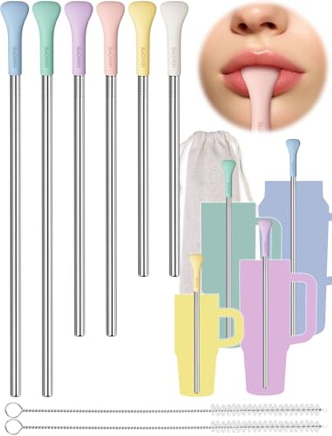 NiHome 6PCS Anti Wrinkle Straws with Silicone Widen Flat Tip Drinking Metal Straw, Fit for Stanley 20/30/40 oz Tumbler, Reusable Wrinkle Free Stainless Steel Long Straw, Brushes & Carry Bag (Macaron) - Image 4