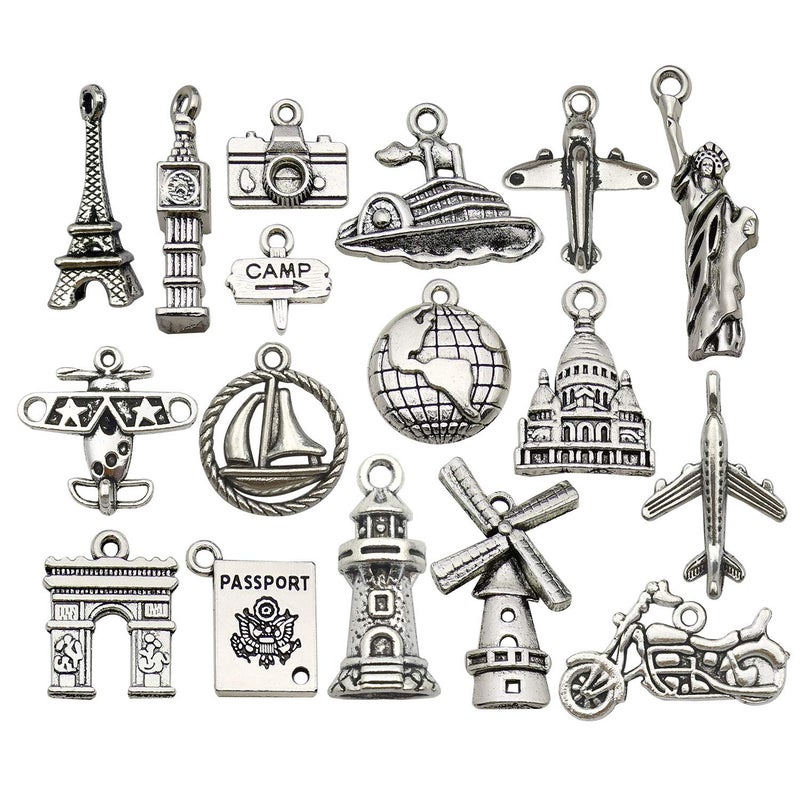 WOCRAFT 50pcs Wholesale Bulk Lots Travel Charms for Jewelry Making Mixed Smooth Tibetan Silver Metal Charms Pendants DIY for Jewelry Making Necklace Bracelet and Crafting M353
