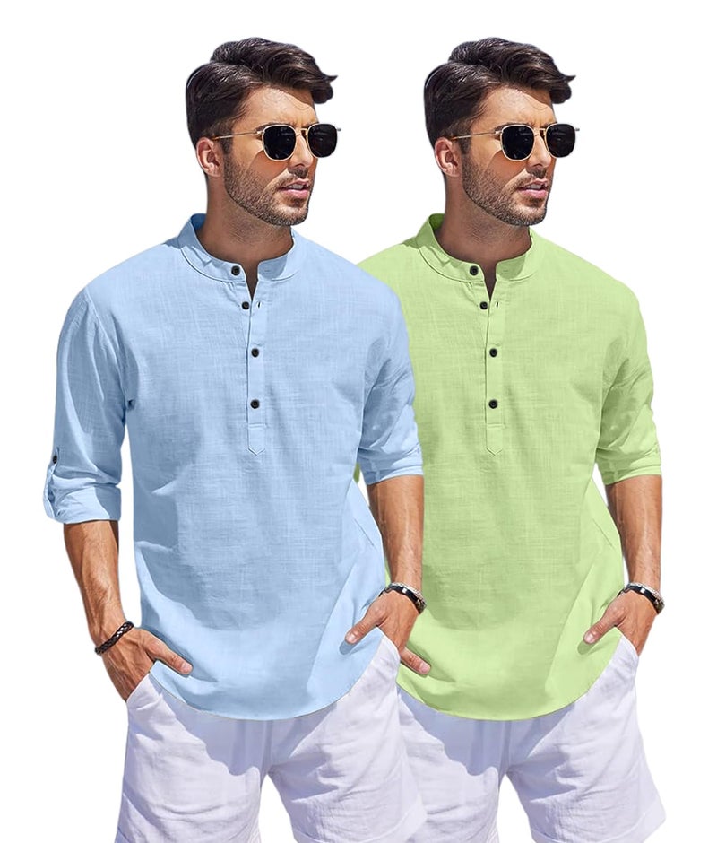 Bellstone Men's Cotton Blend Straight Kurta Shirt Combo with Mandarin Collar - Slim Fit Casual Short Kurti Set Featuring Textured Slub Fabric and Roll-Up Full Sleeves - Image 3