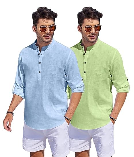 Bellstone Men's Cotton Blend Straight Kurta Shirt Combo with Mandarin Collar - Slim Fit Casual Short Kurti Set Featuring Textured Slub Fabric and Roll-Up Full Sleeves - Image 5