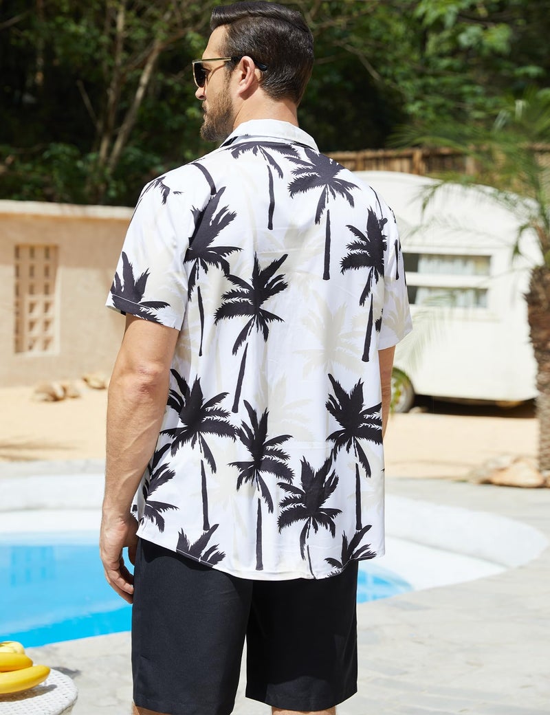Yimoon Men's Summer 2 Piece Outfits Tropical Print Short Sleeve Button Down Hawaiian Beach Shirt and Shorts Set(01White-L) - Image 2
