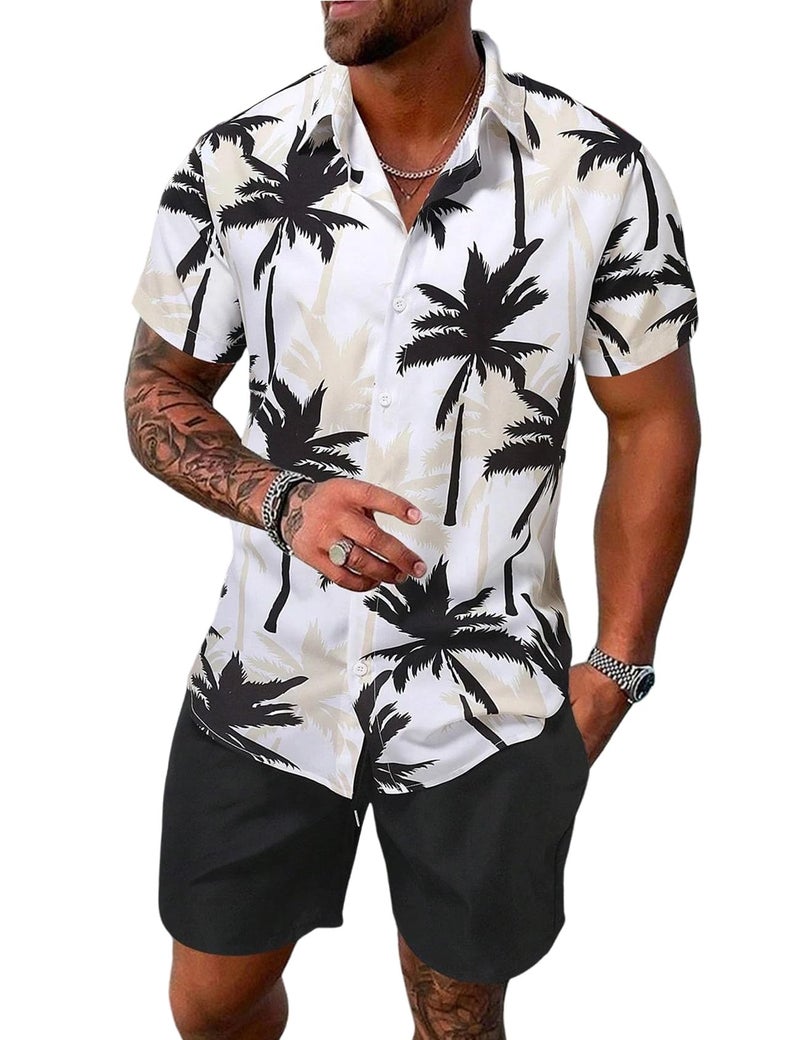 Yimoon Men's Summer 2 Piece Outfits Tropical Print Short Sleeve Button Down Hawaiian Beach Shirt and Shorts Set(01White-L) - Image 1