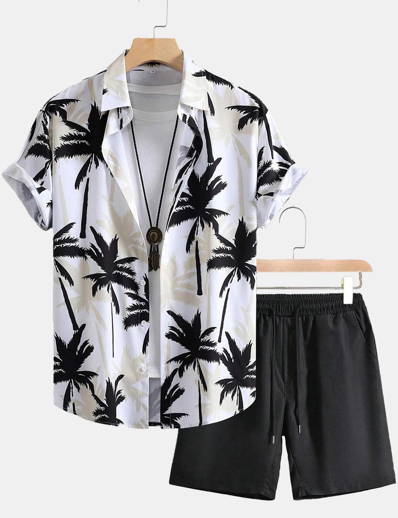 Yimoon Men's Summer 2 Piece Outfits Tropical Print Short Sleeve Button Down Hawaiian Beach Shirt and Shorts Set(01White-L) - Image 4