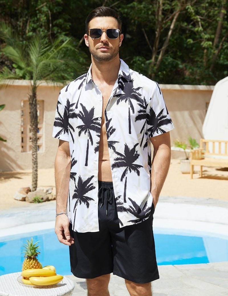 Yimoon Men's Summer 2 Piece Outfits Tropical Print Short Sleeve Button Down Hawaiian Beach Shirt and Shorts Set(01White-L) - Image 3