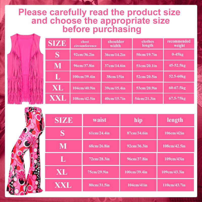 Leumoi 5 Pcs 60s 70s Costume for Women Disco Outfits Hippie Accessories Fringe Vest Boho Flared Pant for Mardi Gras Carnival(Medium,Rose Red) - Image 4