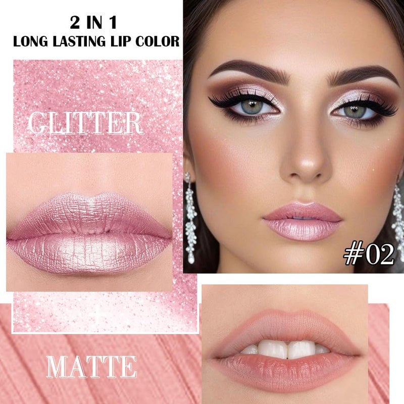 evpct Light Pink Metallic Shimmer Lip Liner and Lipstick Combo Lip Gloss Stain Set Makeup for Women Long Lasting Waterproof 24, Light Voilet Frosted Metallic Glitter Glossy Iridescent Liquid Lipstick - Image 4