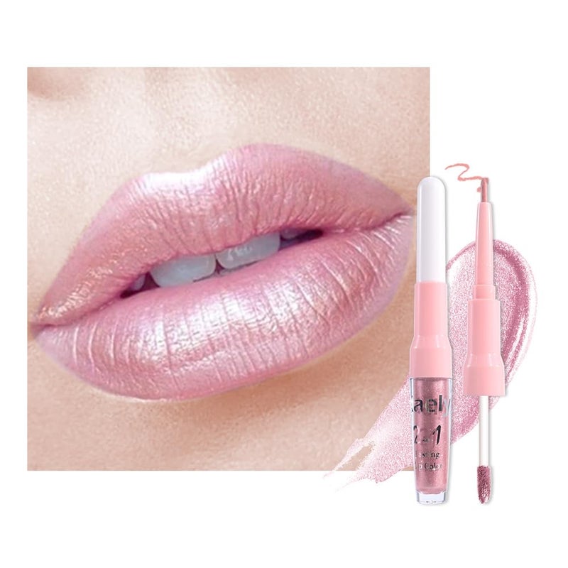 evpct Light Pink Metallic Shimmer Lip Liner and Lipstick Combo Lip Gloss Stain Set Makeup for Women Long Lasting Waterproof 24, Light Voilet Frosted Metallic Glitter Glossy Iridescent Liquid Lipstick - Image 1
