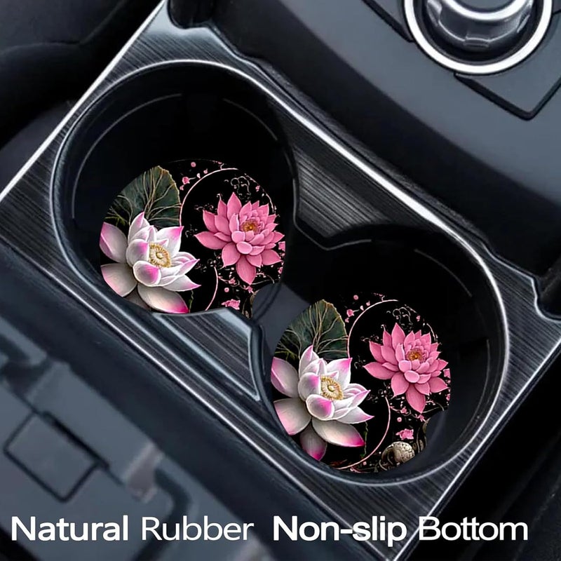 Ldntly Car Coasters for Cup Holders,2 Pack Lotus Flower Car Coasters,2.75" Universal Size Anti Slip Rubber Mat,Automotive Cup Holder Decal Decor Accessories,Lotus Flower Gifts for Women,Men,Mom - Image 2