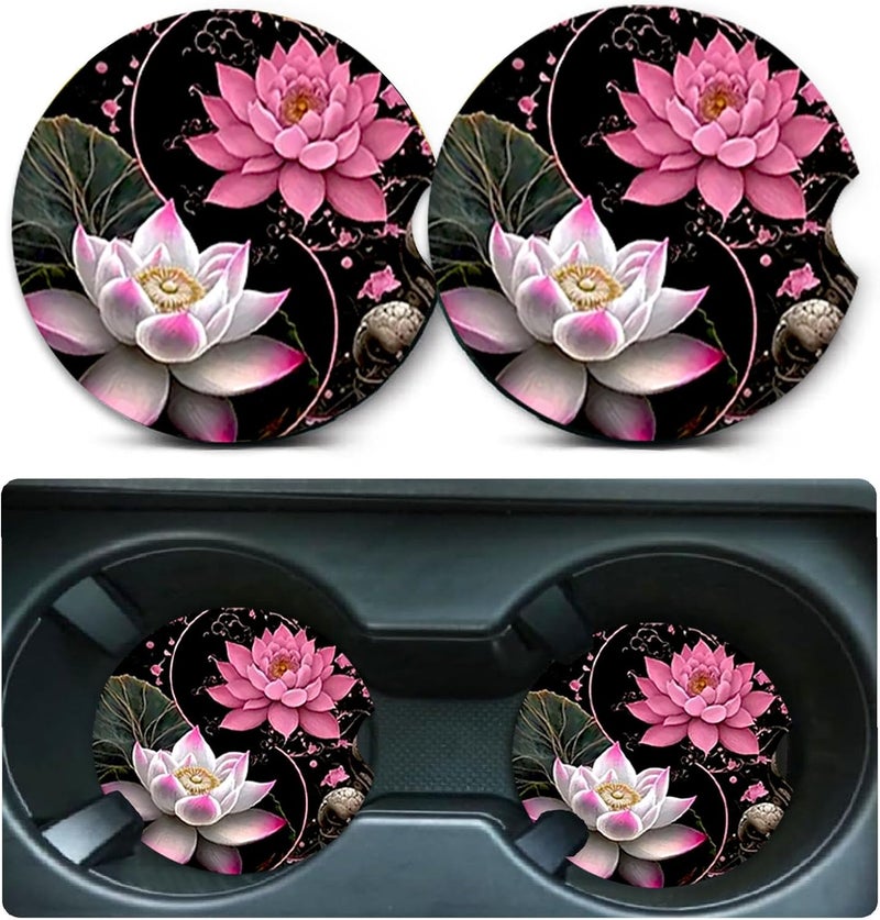 Ldntly Car Coasters for Cup Holders,2 Pack Lotus Flower Car Coasters,2.75" Universal Size Anti Slip Rubber Mat,Automotive Cup Holder Decal Decor Accessories,Lotus Flower Gifts for Women,Men,Mom - Image 1